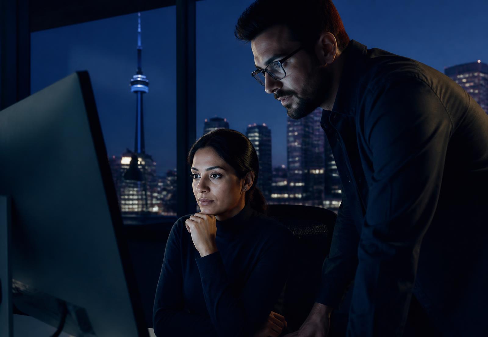 Two technology professionals reviewing hiring evidence on a monitor in a Toronto office